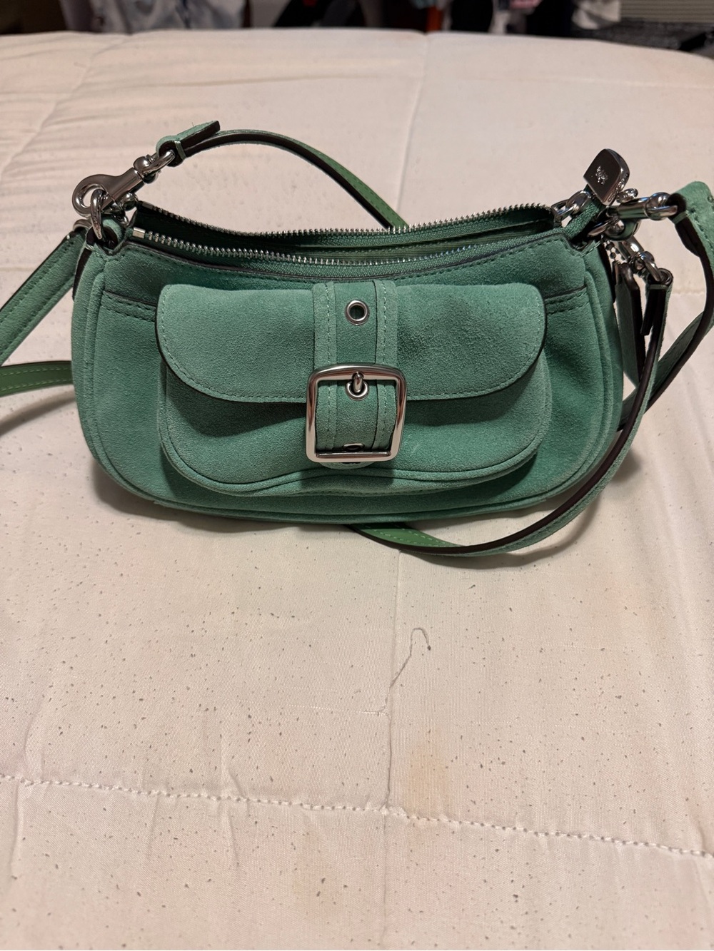 Coach Mint Green Suede Crossbody with Front Buckle Pocket